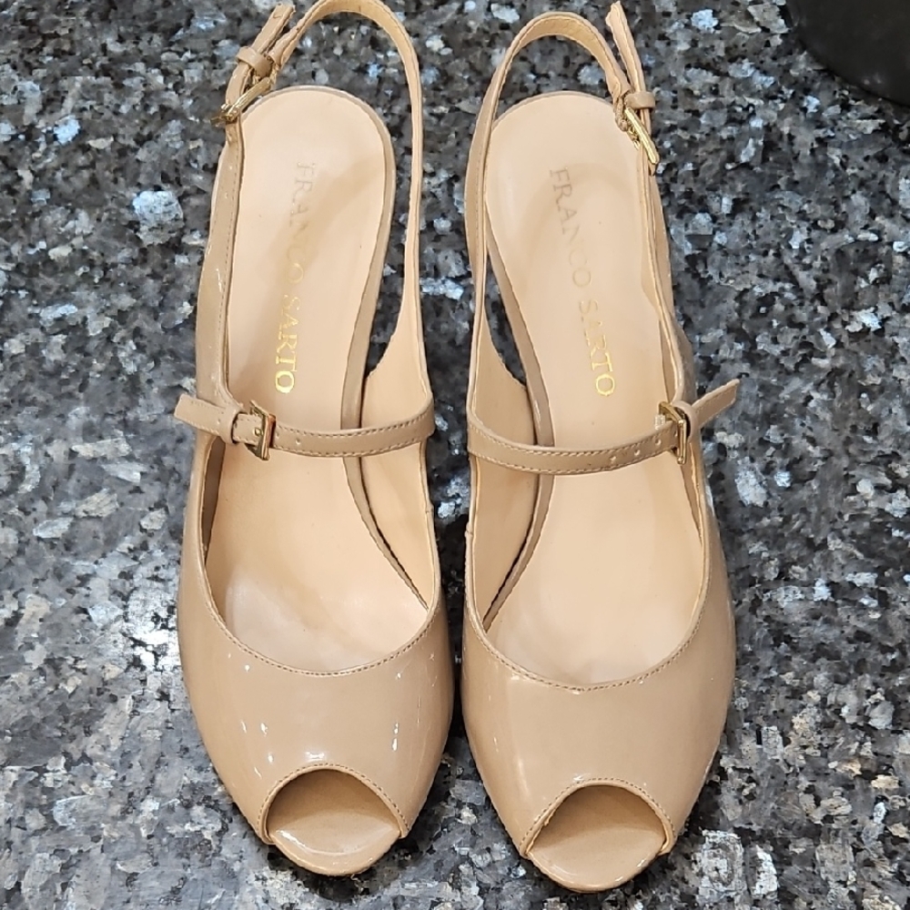 Franco Sarto Beige Peep-Toe Slingback Heels